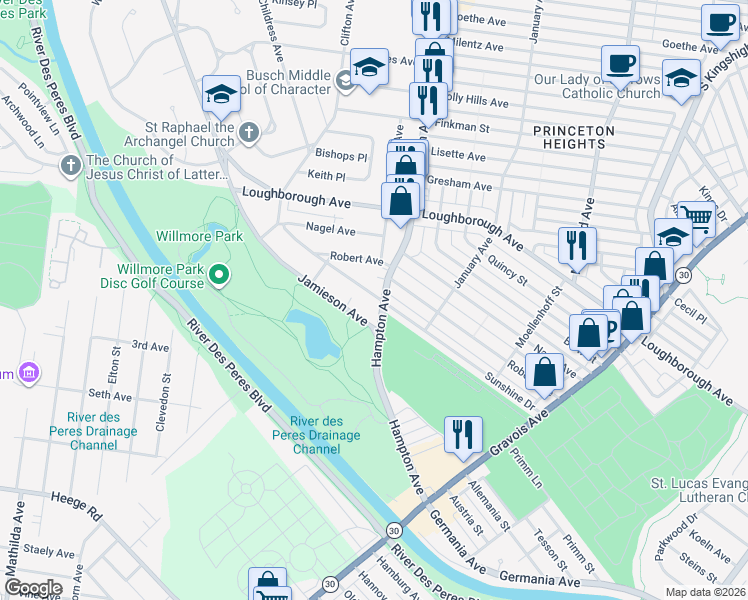 map of restaurants, bars, coffee shops, grocery stores, and more near 5860 Sunshine Drive in St. Louis