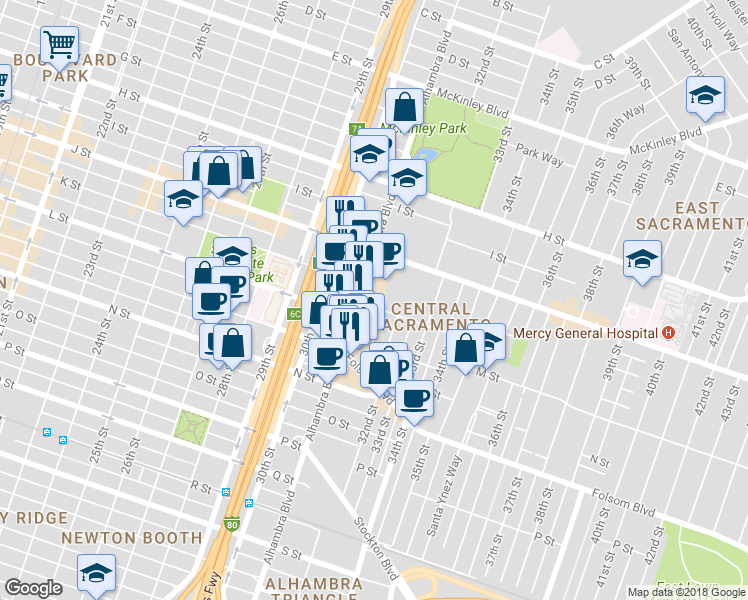map of restaurants, bars, coffee shops, grocery stores, and more near 3125 Granada Way in Sacramento