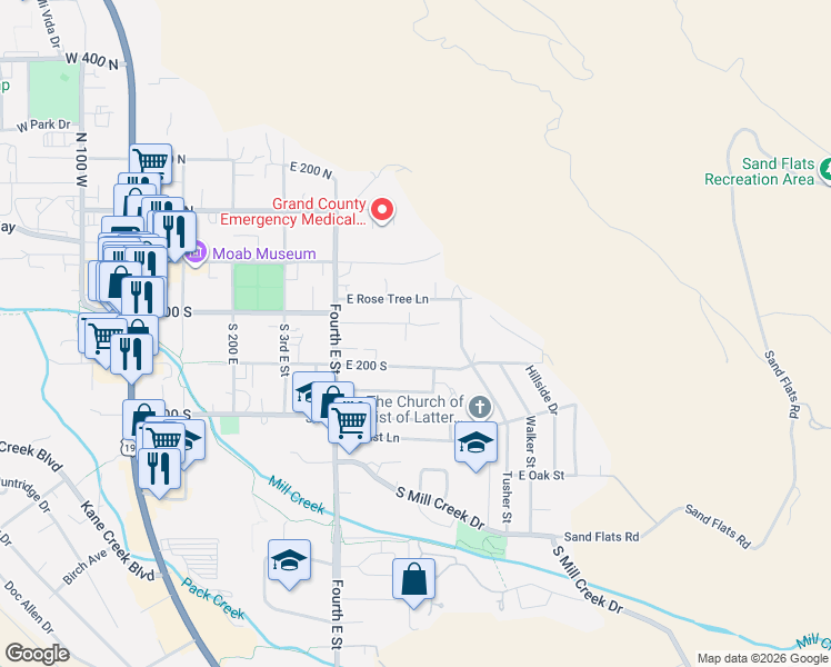 map of restaurants, bars, coffee shops, grocery stores, and more near 526 Nichols Lane in Moab