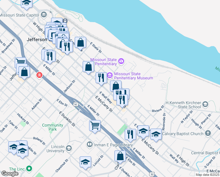 map of restaurants, bars, coffee shops, grocery stores, and more near 210-212 Cherry Street in Jefferson City