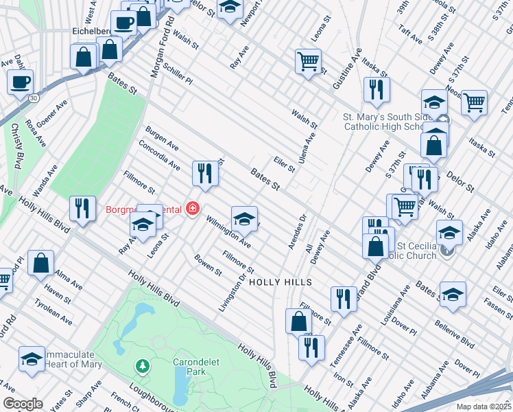 map of restaurants, bars, coffee shops, grocery stores, and more near 3932 Burgen Avenue in St. Louis