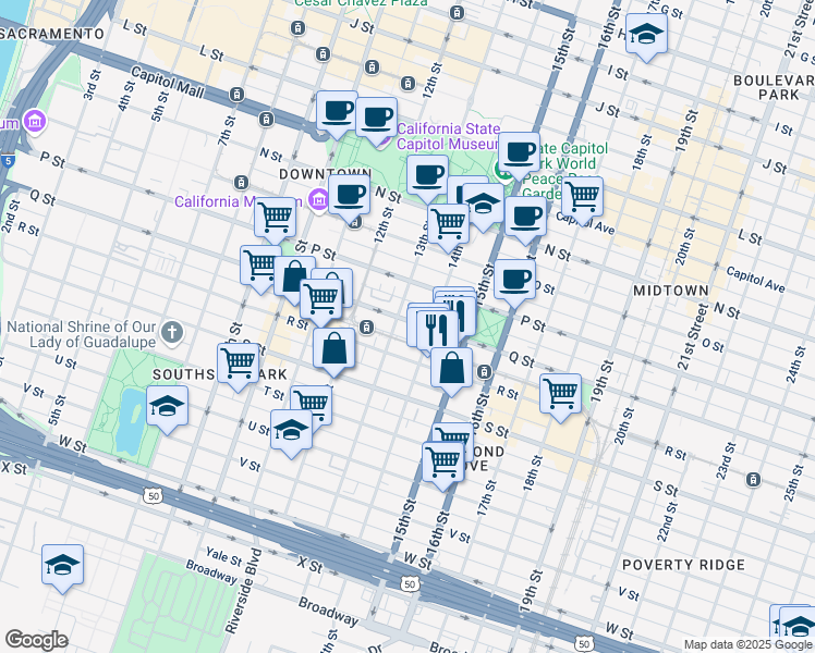 map of restaurants, bars, coffee shops, grocery stores, and more near 1711 13th Street in Sacramento