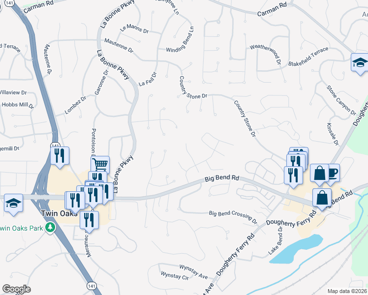 map of restaurants, bars, coffee shops, grocery stores, and more near 919 Imperial Point in Ballwin