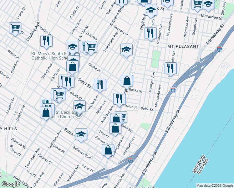 map of restaurants, bars, coffee shops, grocery stores, and more near in St. Louis