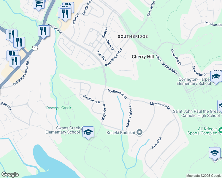 map of restaurants, bars, coffee shops, grocery stores, and more near 2992 Myrtlewood Drive in Dumfries