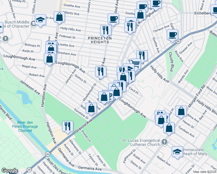 map of restaurants, bars, coffee shops, grocery stores, and more near 4953 Loughborough Avenue in St. Louis