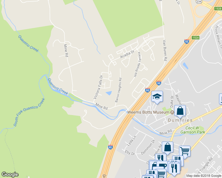 map of restaurants, bars, coffee shops, grocery stores, and more near 4357 Palton Drive in Dumfries