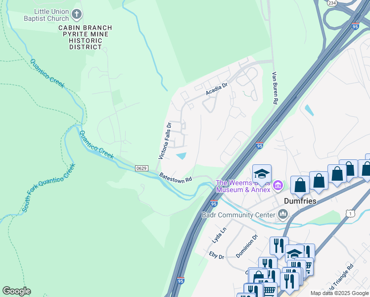map of restaurants, bars, coffee shops, grocery stores, and more near 4357 Palton Drive in Dumfries