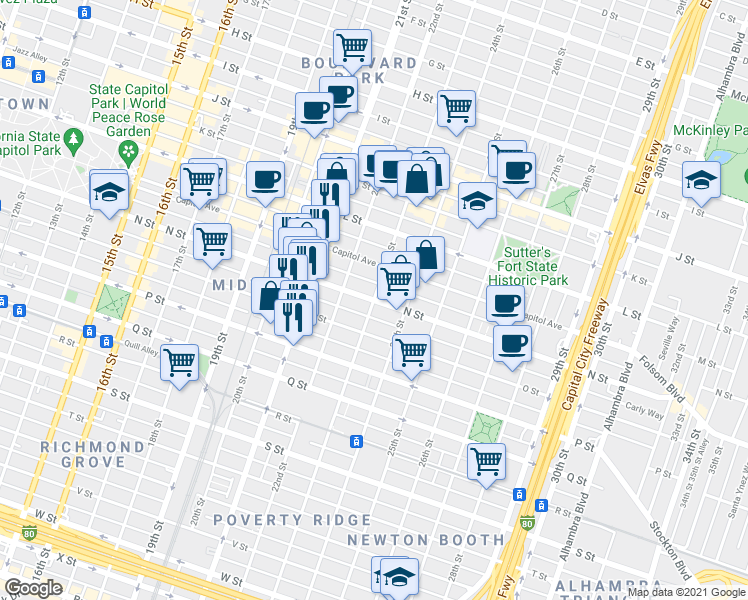 map of restaurants, bars, coffee shops, grocery stores, and more near N St & 23rd St in Sacramento
