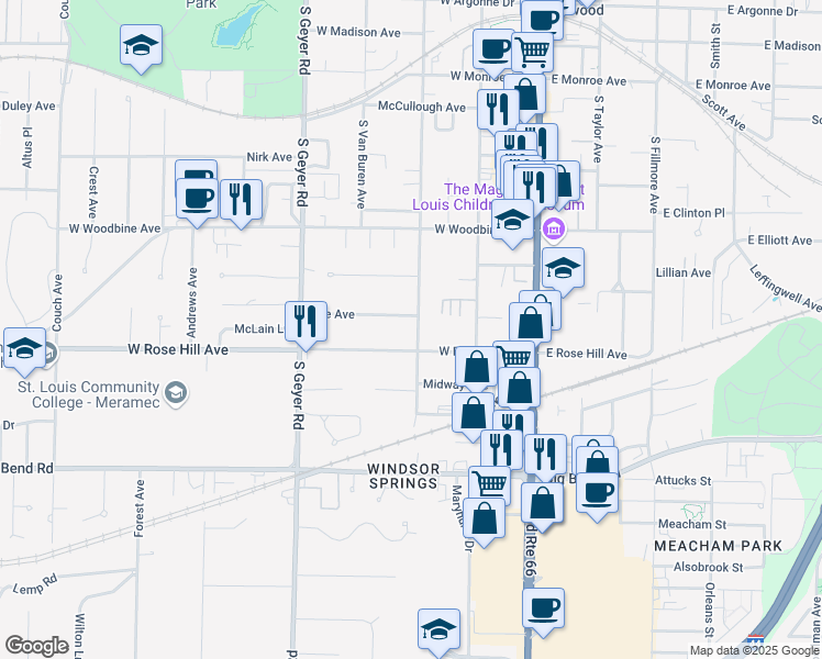 map of restaurants, bars, coffee shops, grocery stores, and more near 611 South Harrison Avenue in Kirkwood