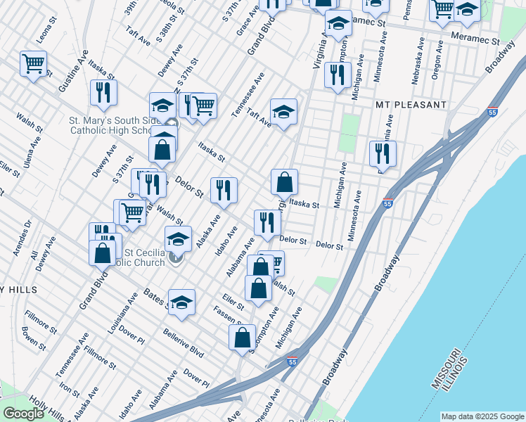 map of restaurants, bars, coffee shops, grocery stores, and more near 3324 Liberty Street in St. Louis