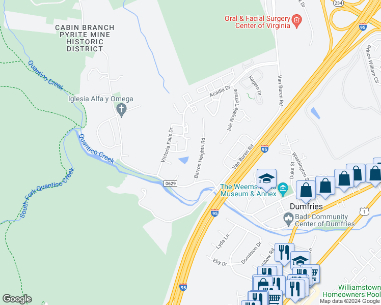 map of restaurants, bars, coffee shops, grocery stores, and more near 4351 Palton Drive in Dumfries