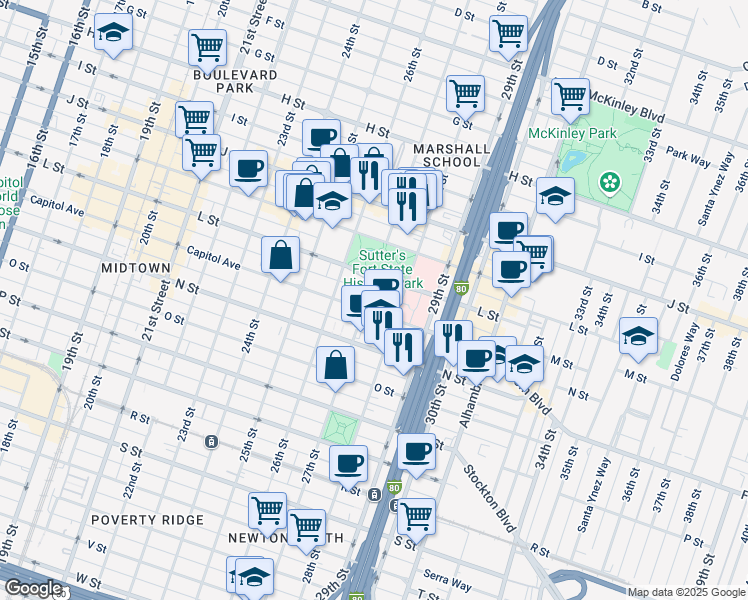 map of restaurants, bars, coffee shops, grocery stores, and more near 2711 Capitol Avenue in Sacramento
