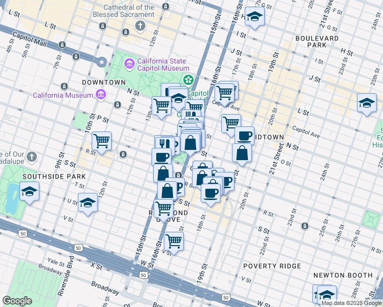 map of restaurants, bars, coffee shops, grocery stores, and more near 1609 16th Street in Sacramento