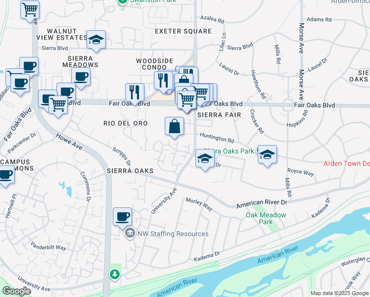 map of restaurants, bars, coffee shops, grocery stores, and more near 703 East Ranch Road in Sacramento