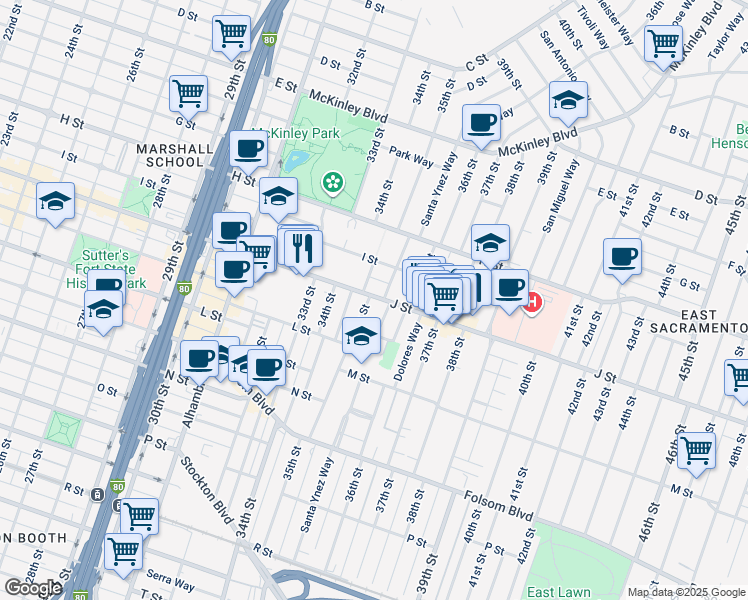 map of restaurants, bars, coffee shops, grocery stores, and more near 3504 J Street in Sacramento