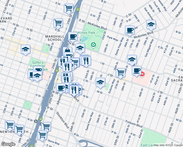 map of restaurants, bars, coffee shops, grocery stores, and more near 1103 33rd Street in Sacramento