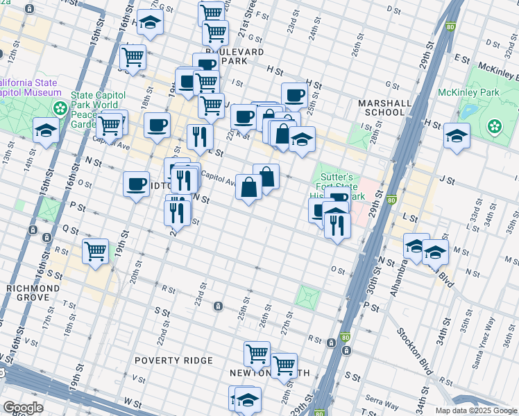 map of restaurants, bars, coffee shops, grocery stores, and more near 2405 N Street in Sacramento