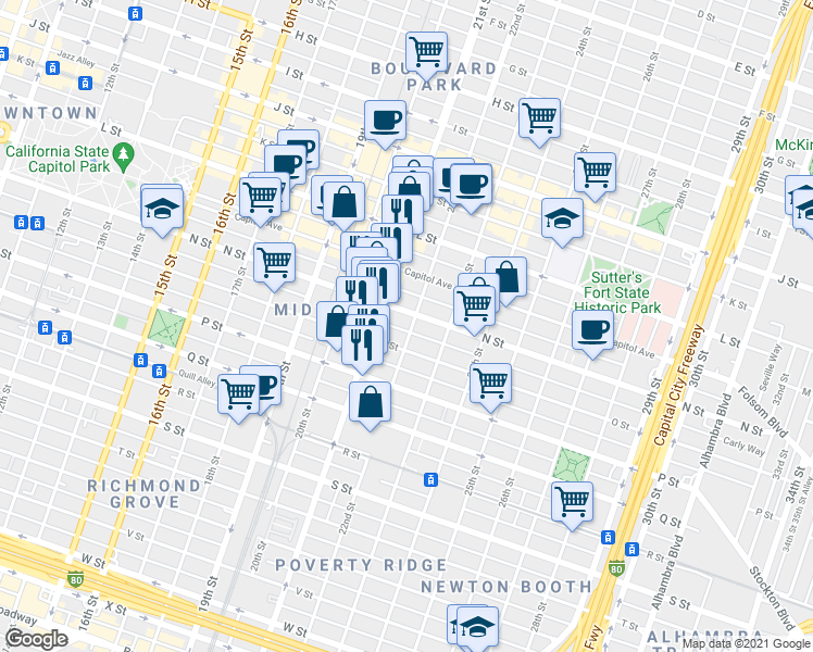 map of restaurants, bars, coffee shops, grocery stores, and more near 2204 N Street in Sacramento