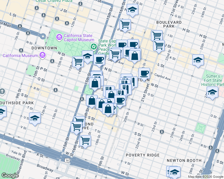 map of restaurants, bars, coffee shops, grocery stores, and more near 1801 P Street in Sacramento