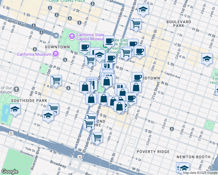 map of restaurants, bars, coffee shops, grocery stores, and more near 1609 16th Street in Sacramento