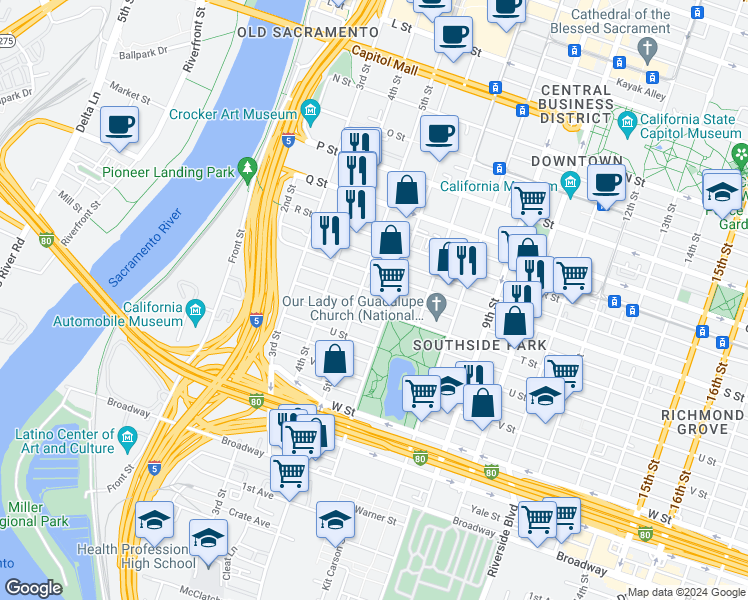 map of restaurants, bars, coffee shops, grocery stores, and more near 500 T Street in Sacramento