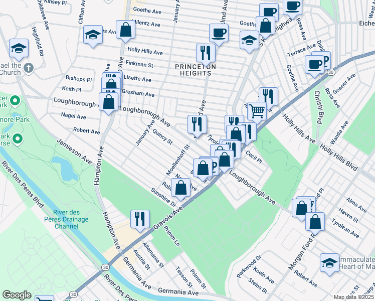 map of restaurants, bars, coffee shops, grocery stores, and more near 4981 Quincy Street in St. Louis