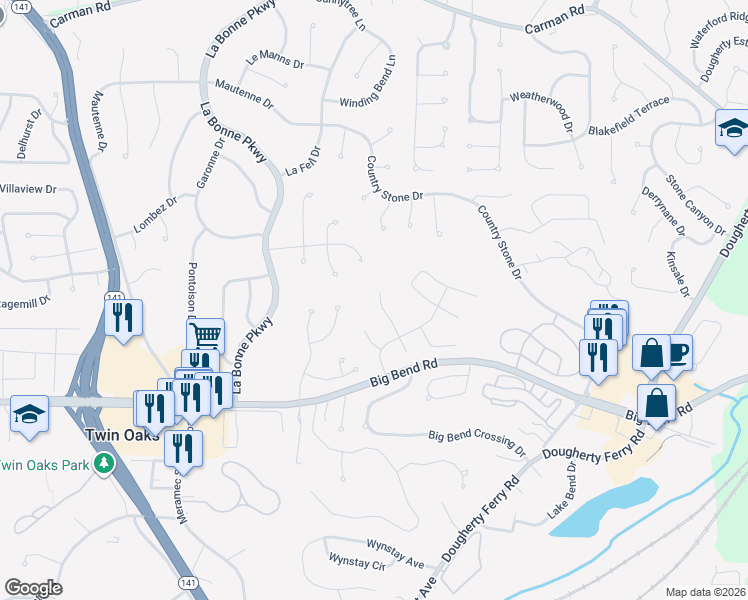 map of restaurants, bars, coffee shops, grocery stores, and more near 919 Imperial Point in Ballwin