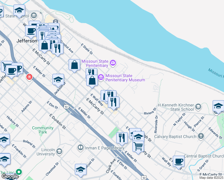 map of restaurants, bars, coffee shops, grocery stores, and more near 812 East Capitol Avenue in Jefferson City