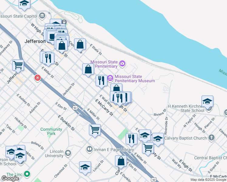 map of restaurants, bars, coffee shops, grocery stores, and more near 210-212 Cherry Street in Jefferson City