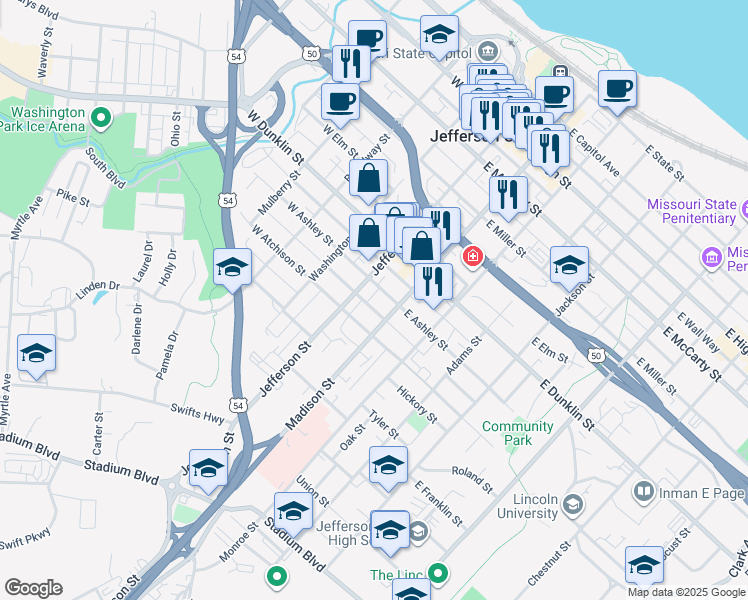map of restaurants, bars, coffee shops, grocery stores, and more near 115 East Hess Way in Jefferson City