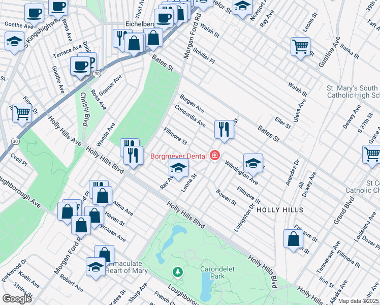 map of restaurants, bars, coffee shops, grocery stores, and more near 4094 Fillmore Street in St. Louis