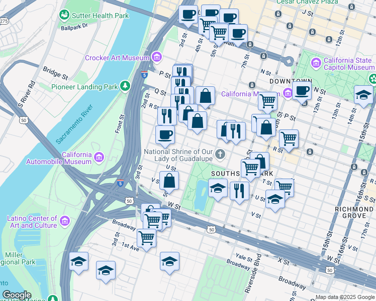map of restaurants, bars, coffee shops, grocery stores, and more near 519 T Street in Sacramento