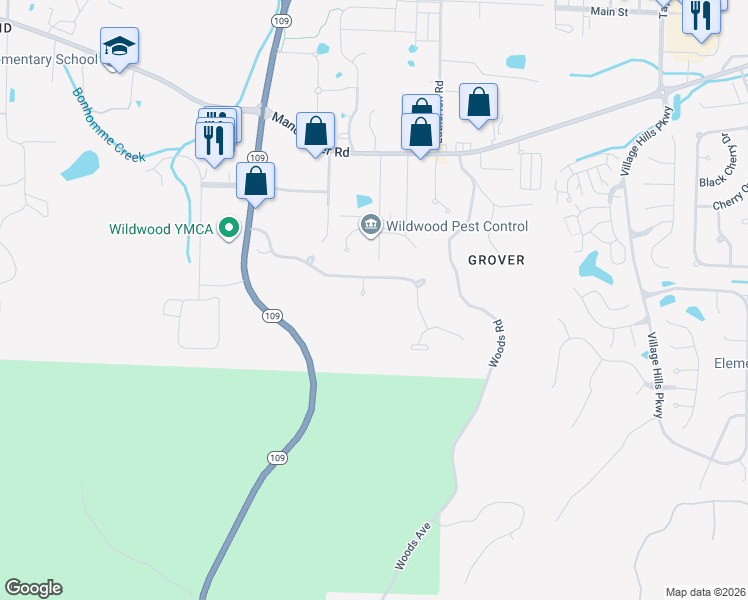 map of restaurants, bars, coffee shops, grocery stores, and more near 2717 Westridge Manor Court in Wildwood