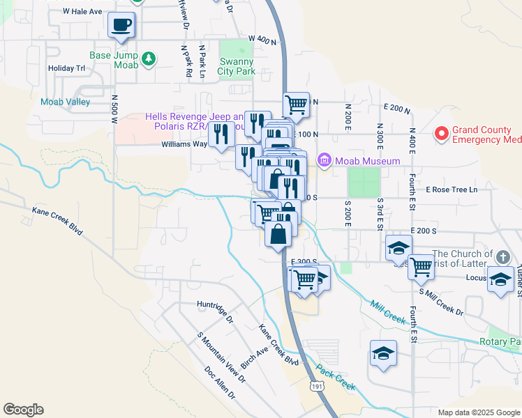 map of restaurants, bars, coffee shops, grocery stores, and more near 100 West 200 South in Moab