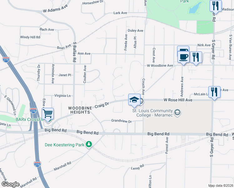 map of restaurants, bars, coffee shops, grocery stores, and more near 1233 Dubray Court in Kirkwood