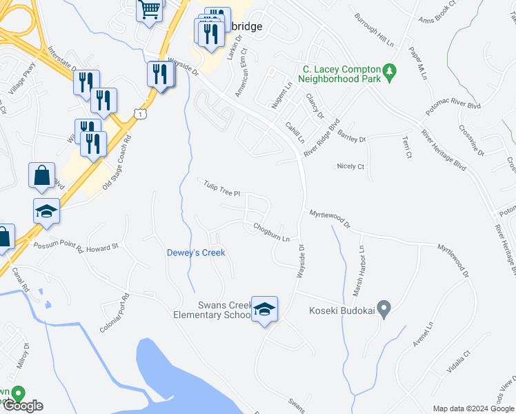 map of restaurants, bars, coffee shops, grocery stores, and more near 3118 Weeping Cherry Court in Dumfries