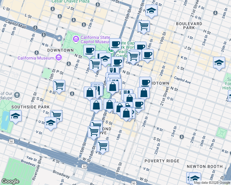 map of restaurants, bars, coffee shops, grocery stores, and more near 1609 16th Street in Sacramento