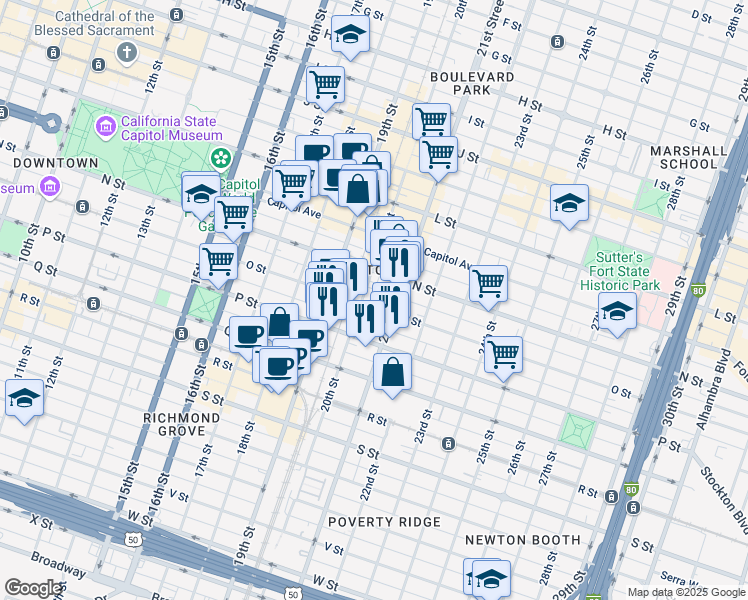 map of restaurants, bars, coffee shops, grocery stores, and more near in Sacramento