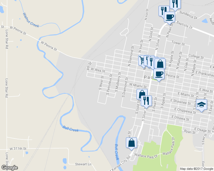 map of restaurants, bars, coffee shops, grocery stores, and more near 602 West Shawnee Street in Paola