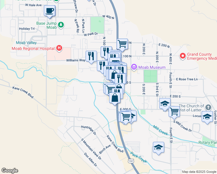 map of restaurants, bars, coffee shops, grocery stores, and more near 100 West 200 South in Moab