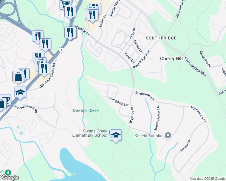 map of restaurants, bars, coffee shops, grocery stores, and more near 3118 Weeping Cherry Court in Dumfries