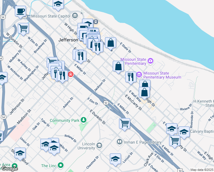 map of restaurants, bars, coffee shops, grocery stores, and more near 501 East Miller Street in Jefferson City