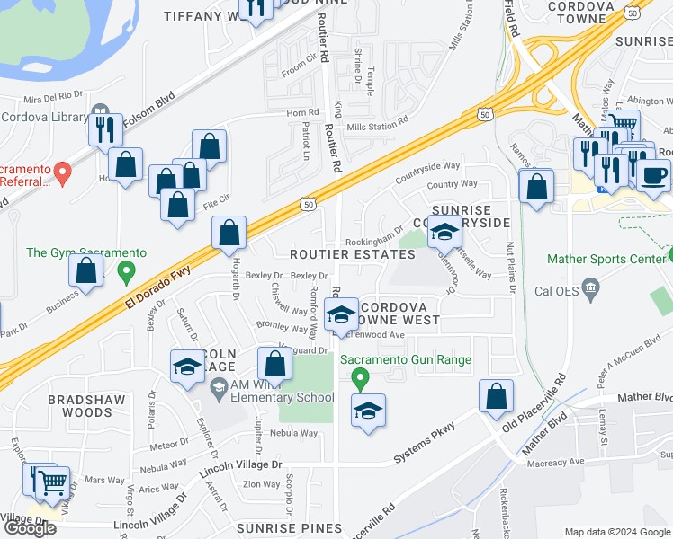 map of restaurants, bars, coffee shops, grocery stores, and more near 3321 Routier Road in Sacramento