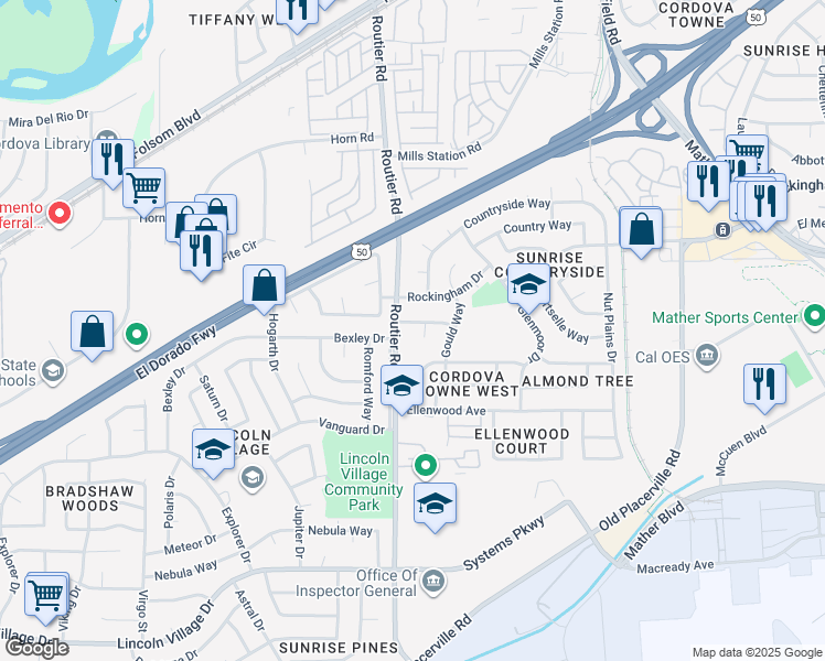 map of restaurants, bars, coffee shops, grocery stores, and more near 10106 Satow Drive in Sacramento