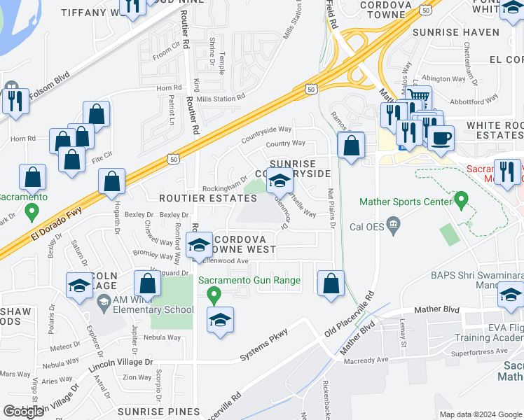 map of restaurants, bars, coffee shops, grocery stores, and more near 3324 Glenmoor Drive in Sacramento