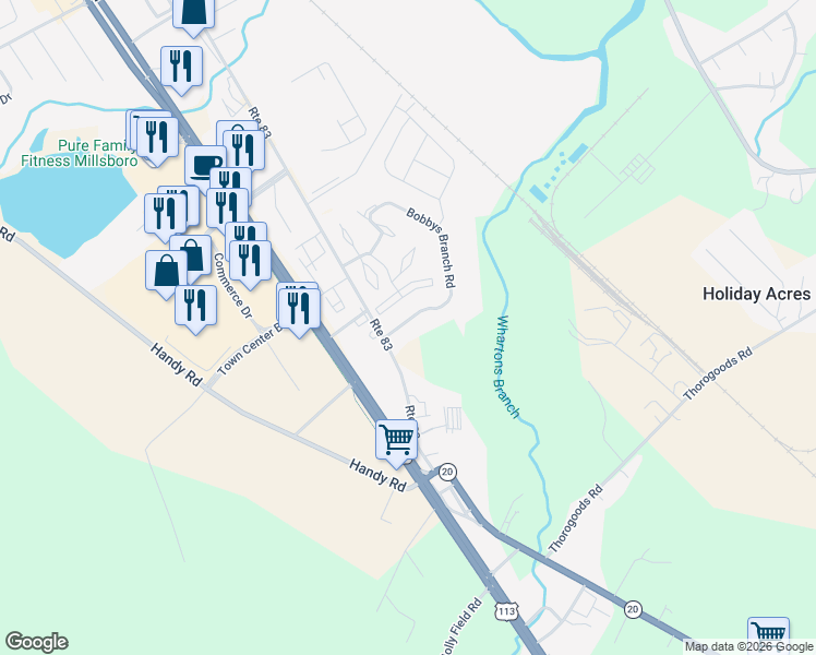 map of restaurants, bars, coffee shops, grocery stores, and more near 108 Bobbys Branch Road in Millsboro