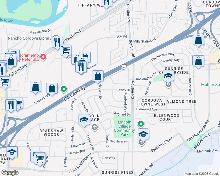 map of restaurants, bars, coffee shops, grocery stores, and more near 9984 Bexley Drive in Sacramento