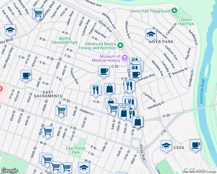 map of restaurants, bars, coffee shops, grocery stores, and more near 5301 F Street in Sacramento