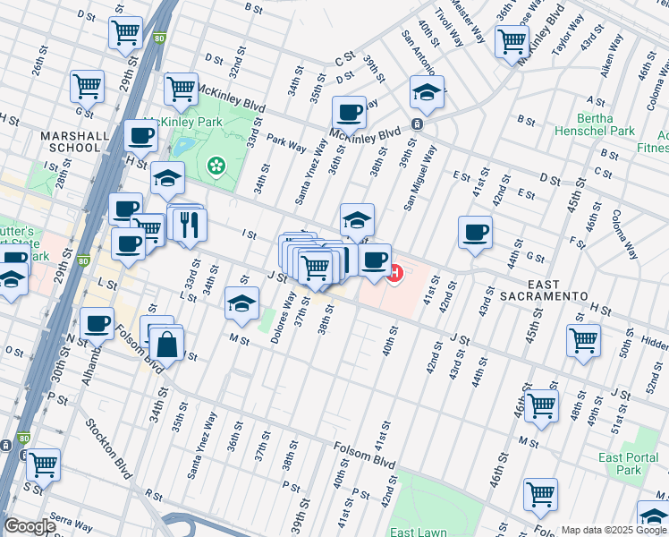 map of restaurants, bars, coffee shops, grocery stores, and more near 3701 J Street in Sacramento